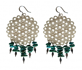 Filigree White Carved Indian Bone and Turquoise Dangle Statement Earrings