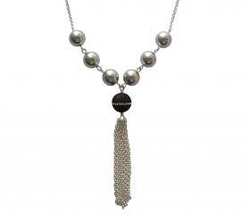 Tassel Necklace with Swarovski Gray Pearls and Black Lava Rock with Inlaid Swarovski Crystal