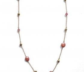 Tangeriene Melon Freshwater Coin Pearl and Yellow Gold Long Layering Necklace