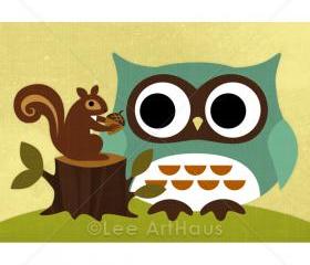 50R Retro Owl with Squirrel Print 5x7