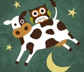 51R Retro Owl and Cow Jumping over Moon 6 x 6 Print