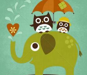 53R Retro Owls on Elephant 6 x 6 Print