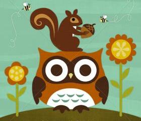 54R Retro Owl in Nature 6 x 6 Print