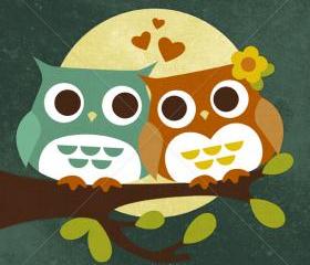 56R Retro Two Owls in Moonlight 6 x 6 Print