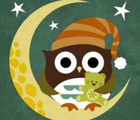 59R Retro Owl with Teddy Bear 6 x 6 Print