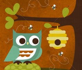 62R Retro Owl and Beehive 6 x 6 Print