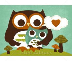 63R Retro Mom Hugging Baby Boy Owl 5 x 7 Print