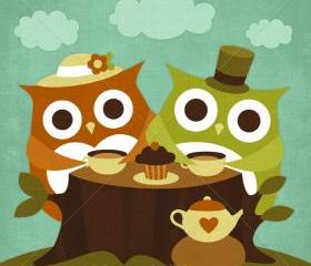 64R Retro Owl Tea Time 6 x 6 Print