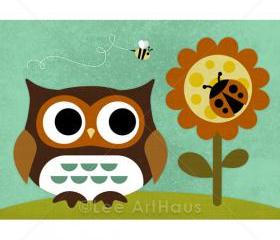 65R Retro Owl and Ladybug 5 x 7 Print