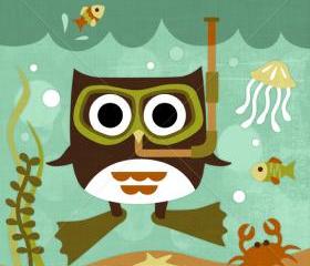 66R Retro Scuba Owl 6 x 6 Print