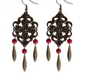 Boho Chic Bronze Feather and Red Coral Statement Dangle Earrings