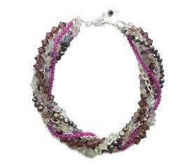 Purple Jade, Flourite, Peacock Freshwater Pearl, Austrian Crystal, and Silver Chain Collar Necklace