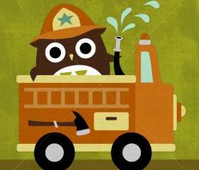 69R Retro Owl and Firetruck 6 x 6 Print