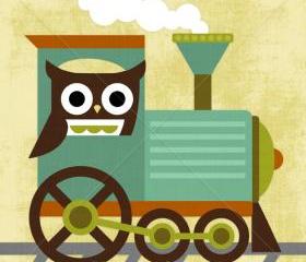 70R Retro Owl and Train 6 x 6 Print