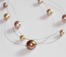 Coffee and cream glass pearl floating multi strand illusion necklace