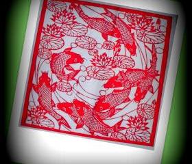 Handmade papercut in red - 8 Koi Japanese Fishes in lotus lake - best new year gift
