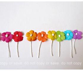 Flat mini mulberry paper flowers colorful / pack 