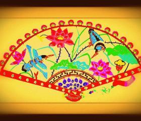 hanemade Papercutting work - Bird couple in flower on a fan (a set of 3 items)