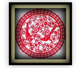 Handcut papercut - Best gift - Magpie couples in cherry flowers - in red color