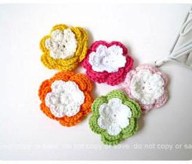 Colorful crochet flower 3 layer green pink, dark pink, orange and yellow for scrap booking, card making etc 