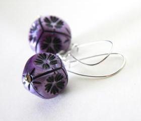 violet and black earrings - modern geometrical with flowers