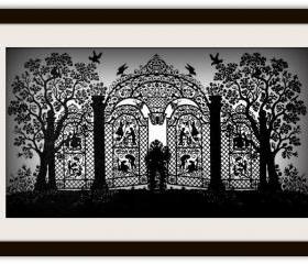 Handmade Papercutting cut out diecut silhouette Art Work - Gate of Happiness