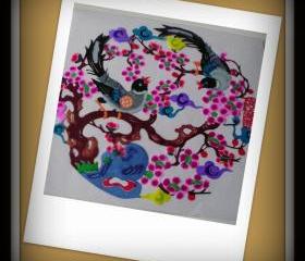 Handcut papercut - Best valentine's day gift - Magpie couples in cherry flowers