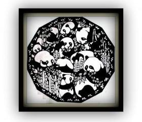 SALE - Handmade - Handcut papercut - Pandas in bamboos - black silhouette
