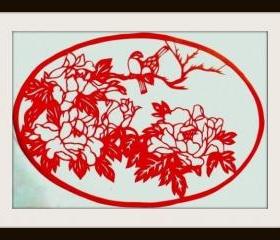 Handmade Papercutting Art silhouette Works - Bird couple in peony branch