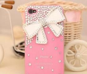 New Bling Sparkle White Bow White Rhinestones Pink iPhone 4/4S Case