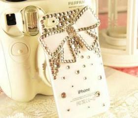 New Bling Sparkle White Bow White Rhinestones White iPhone 4/4S Case