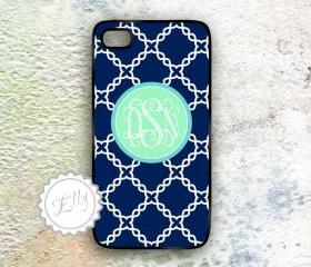 Mint monogram iphone 4 /4s case navy blue and mint damask hard cover