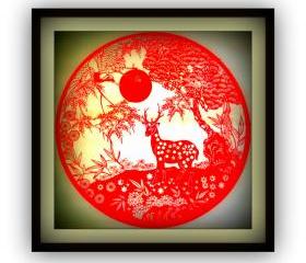 Handmade Papercut -Crane and deer with Pine tree - in red color