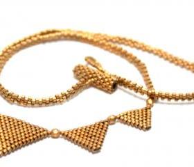  Matte Gold Beaded Egyptian Pyramid Triangles Necklace