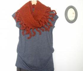 Savages, crochet fringe infinity scarf, loop scarf, cowl in cinnamon