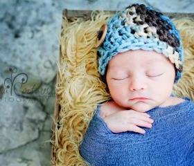 Crochet baby boy chunky button beanie in blue, tan, and brown photo prop - newborn size