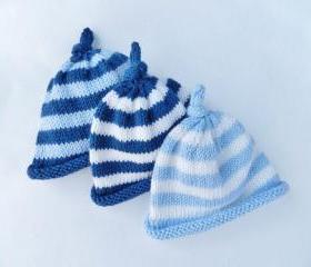 Knit baby hat - Newborn baby stripped hat - Navy blu - Light blue - White - Baby beanie hat - Knot on the top - Photo prop