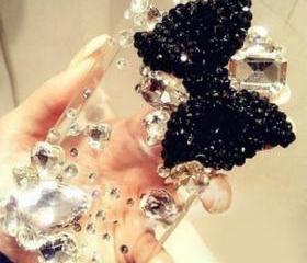 Bling Big Black Bow With Big Rhinestones On Transparent iPhone 4 Case