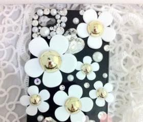 Bling White Flowers Tiny Crystals Pearls On Black/White Case For iPhone 4/4S 