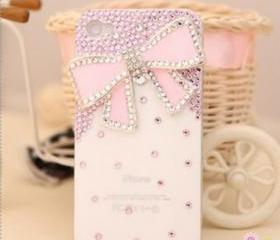 New Bling Big Pink Butterfly With Tiny Pink Crystals On White Case For iPhone 4/4S