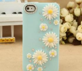 New Bling Crystal Sparkle White Flowers Rhinestones Blue iPhone 4/4S Case 