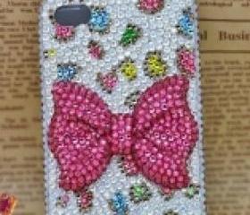 New Bling Crystal Sparkle Pin Bow Colorful Leopard Pattern Rhinestones iPhone 4/4s Case