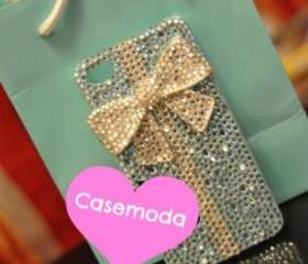 New Bling Sparkle Crystals Tiffany Style White Bow Blue iPhone 4/4S Case