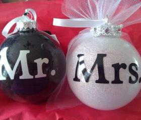 Personalized Glass Glittered Ornaments 4" Wedding Bridel His Hers Mr. & Mrs Christmas Gift