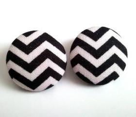 Black and white chevron large button earrings