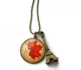 Romantic Autumn in Paris Handmade Glass Charm Necklace Red Brown