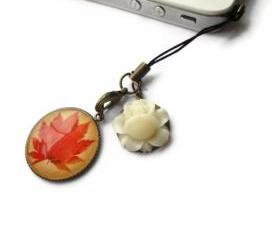 Red Brown Autumn Maple Leaf Cream Flower Iphone Dust Plug Cell Phone Strap