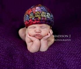 Crochet baby girl beanie hat in rainbow purple, pink, blue, tan, chunky beanie photo prop- newborn size