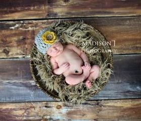 Crochet baby girl chunky detachable flower beanie hat in grey and mustard photo prop- newborn size