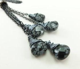 Long Necklace Lariat Dark Silver Jewelry Gun Metal Jewelry Obsidian Gemstone Necklace Monchromatic
